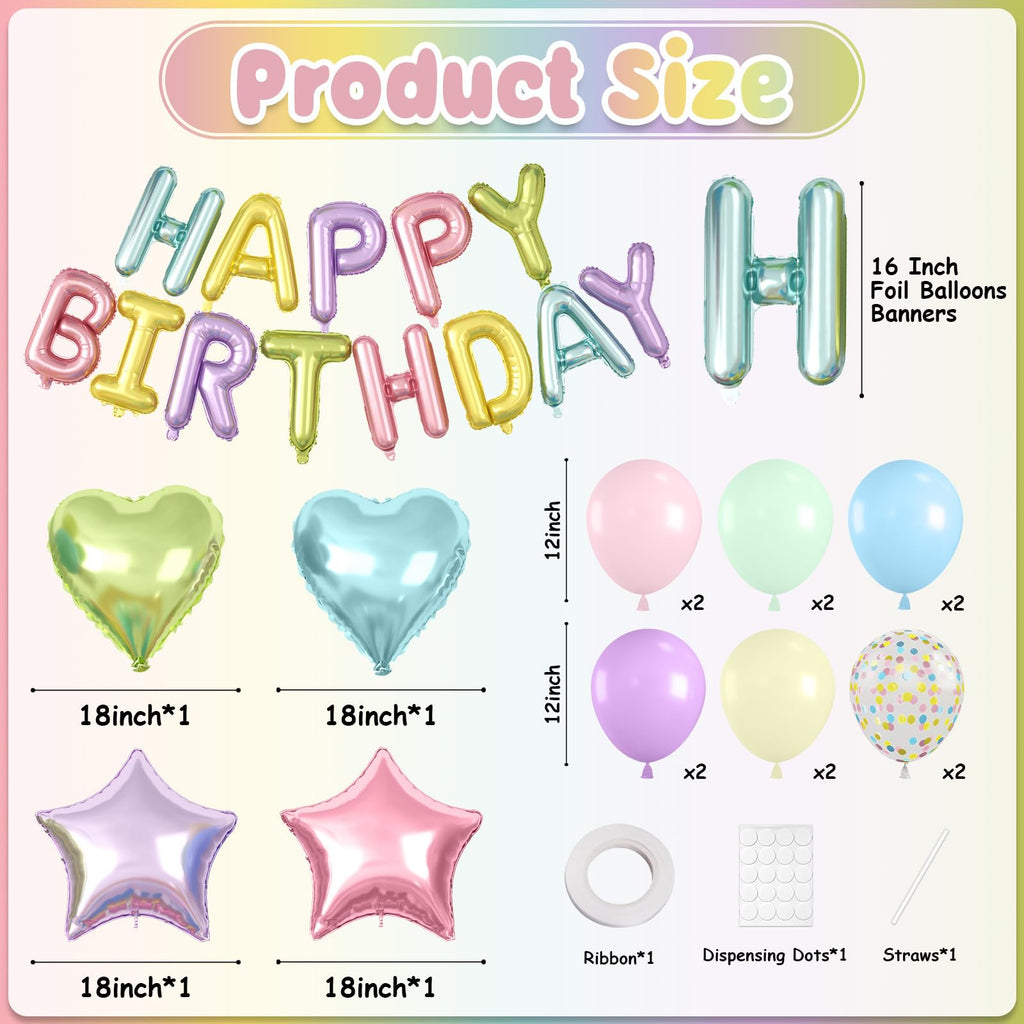 Paready 29-Piece Pastel Happy Birthday Balloon Set with 3D Aluminum Banner and Foil Balloons