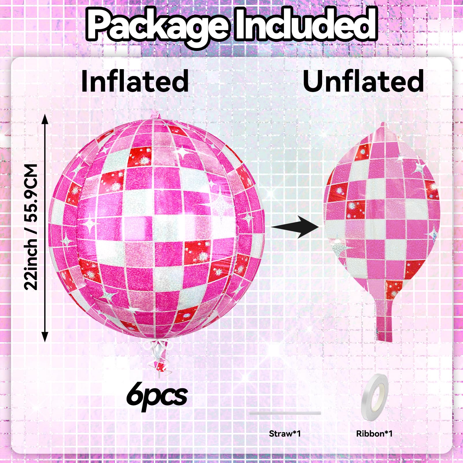 Paready 6-Pack 22-Inch Pink Disco Ball Balloons – 4D Foil Balloons for Party Decor