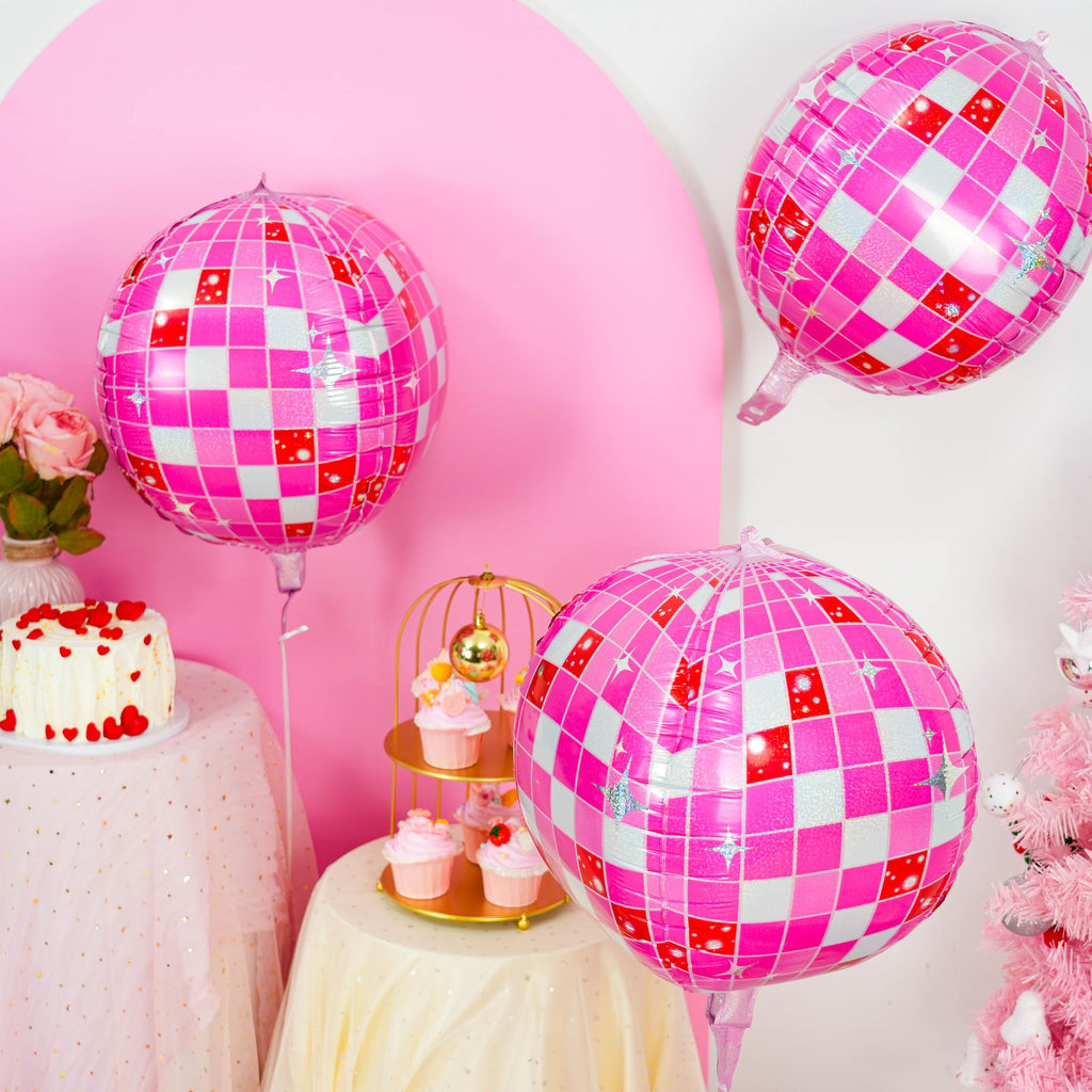 Paready 6-Pack 22-Inch Pink Disco Ball Balloons – 4D Foil Balloons for Party Decor