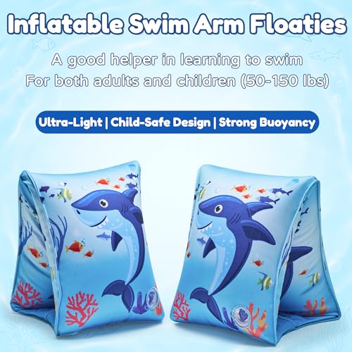 PARENTSWELL 2 Pack Fabric Arm Floaties for Kids – Inflatable Shark Design Pool Sleeves for Toddlers & Children
