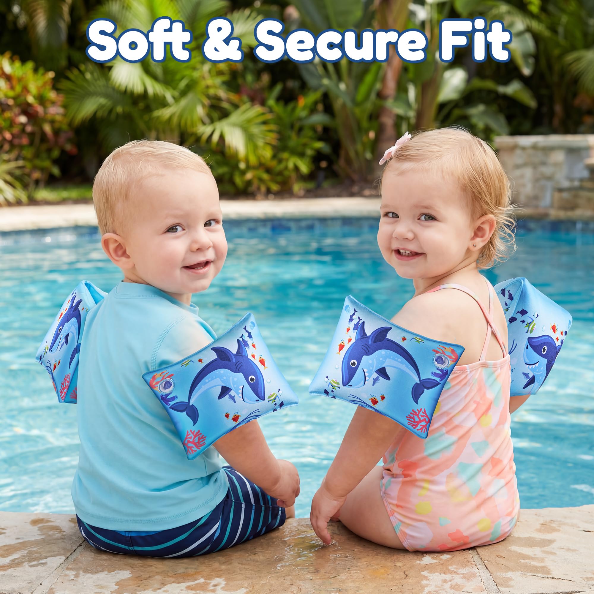 PARENTSWELL 2 Pack Fabric Arm Floaties for Kids – Inflatable Shark Design Pool Sleeves for Toddlers & Children