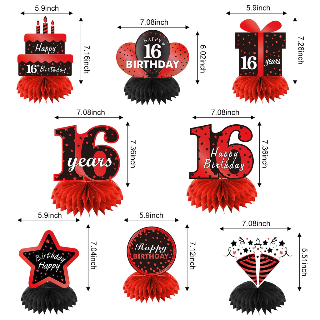 Parfundg Red and Black 16th Birthday Honeycomb Centerpieces – 8-Piece Table Topper Set for Boys and Girls