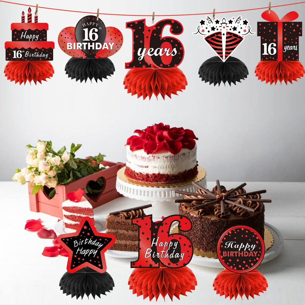 Parfundg Red and Black 16th Birthday Honeycomb Centerpieces – 8-Piece Table Topper Set for Boys and Girls
