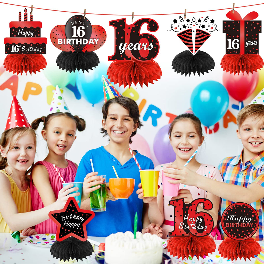 Parfundg Red and Black 16th Birthday Honeycomb Centerpieces – 8-Piece Table Topper Set for Boys and Girls