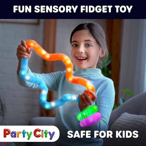 Party City 12-Pack LED Pop Tubes – 25” Expandable, 3-Mode Glow, Sensory Fidget Toys for Kids Ages 5+