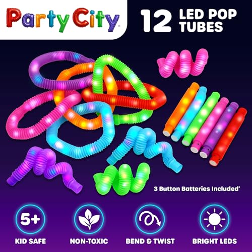 Party City 12-Pack LED Pop Tubes – 25” Expandable, 3-Mode Glow, Sensory Fidget Toys for Kids Ages 5+