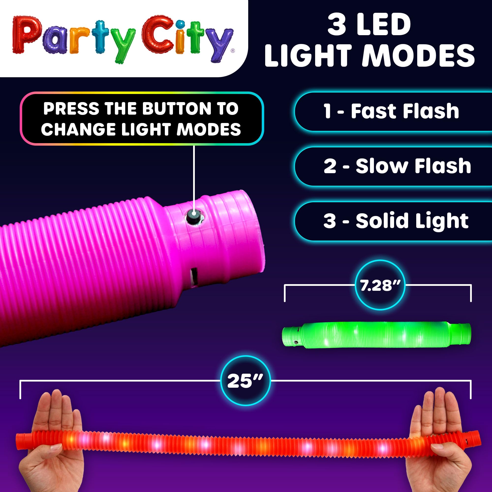 Party City 12-Pack LED Pop Tubes – 25” Expandable, 3-Mode Glow, Sensory Fidget Toys for Kids Ages 5+