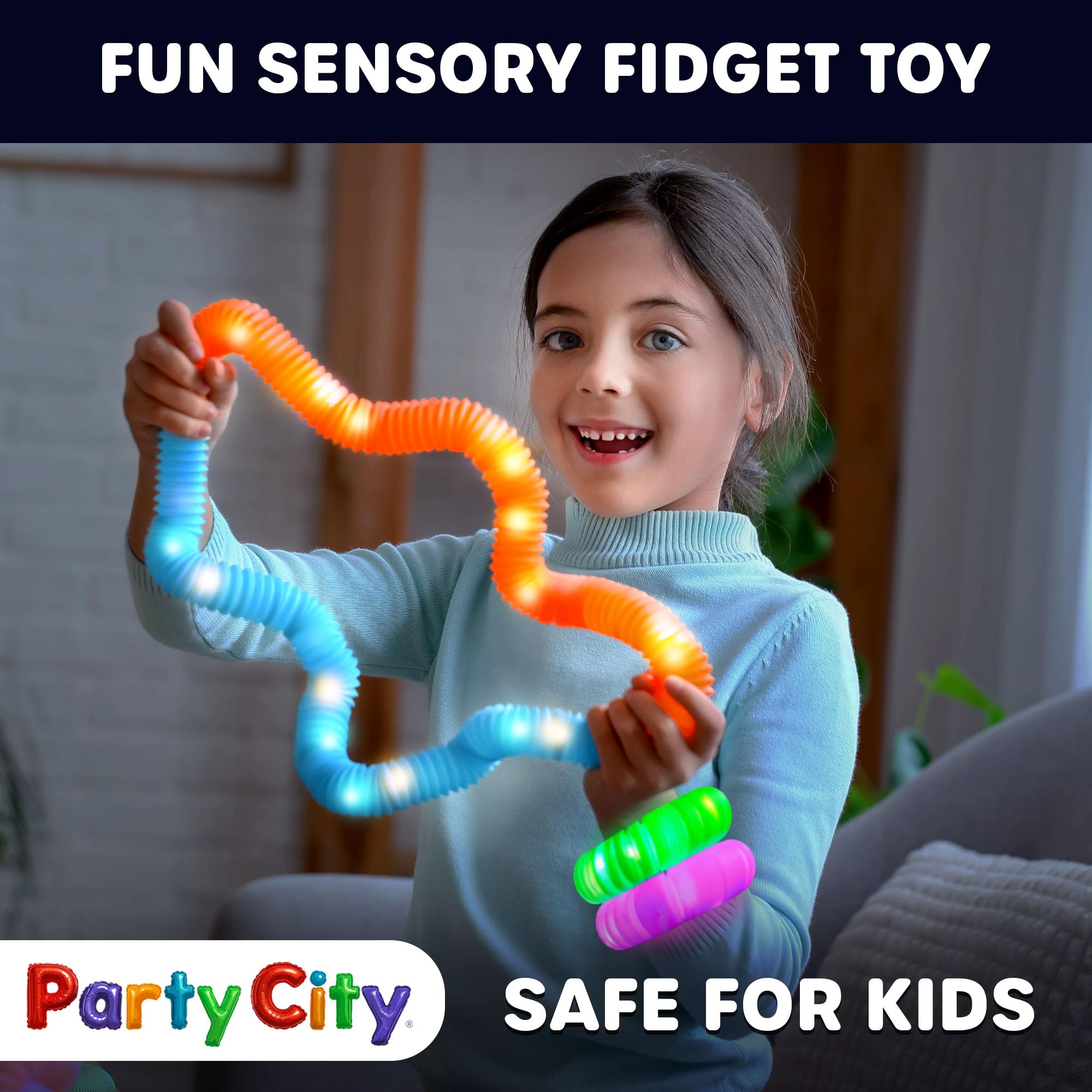 Party City 12-Pack LED Pop Tubes – 25” Expandable, 3-Mode Glow, Sensory Fidget Toys for Kids Ages 5+