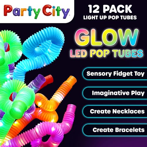 Party City 12-Pack LED Pop Tubes – 25” Expandable, 3-Mode Glow, Sensory Fidget Toys for Kids Ages 5+