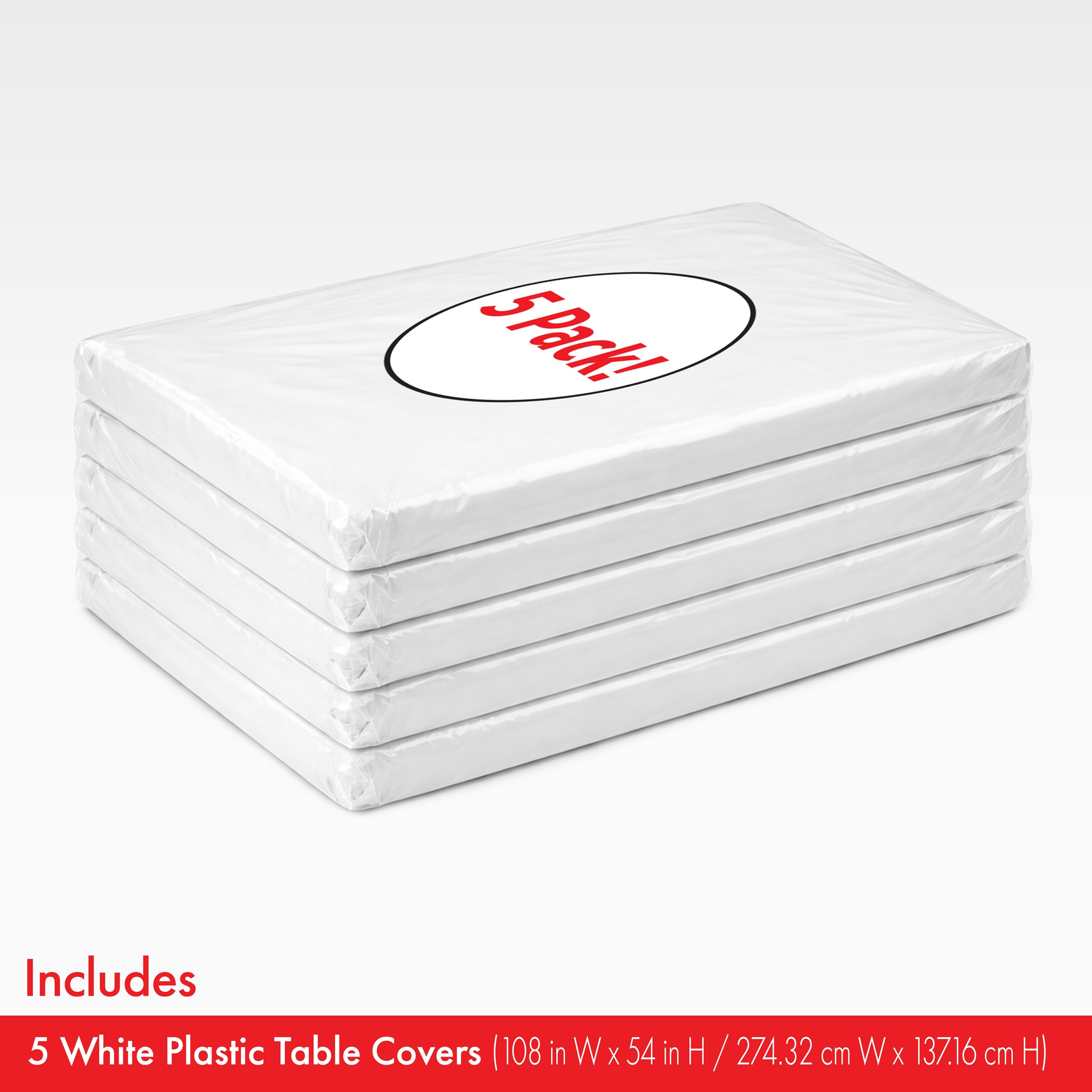 Party City Plastic Tablecover Set of 5 - White, 108 x 54 Inches, Rectangular