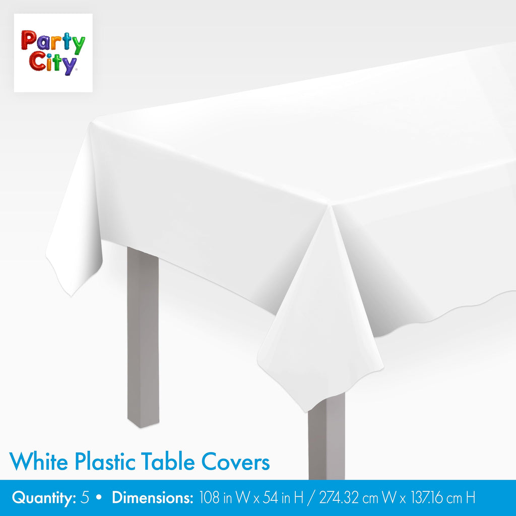 Party City Plastic Tablecover Set of 5 - White, 108 x 54 Inches, Rectangular