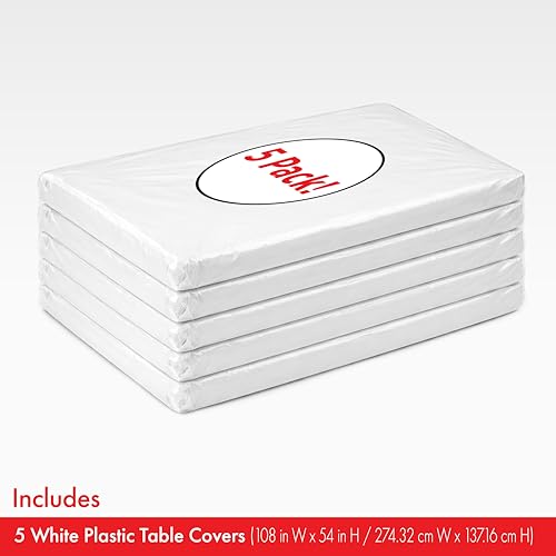 Party City Plastic Tablecover Set of 5 - White, 108 x 54 Inches, Rectangular