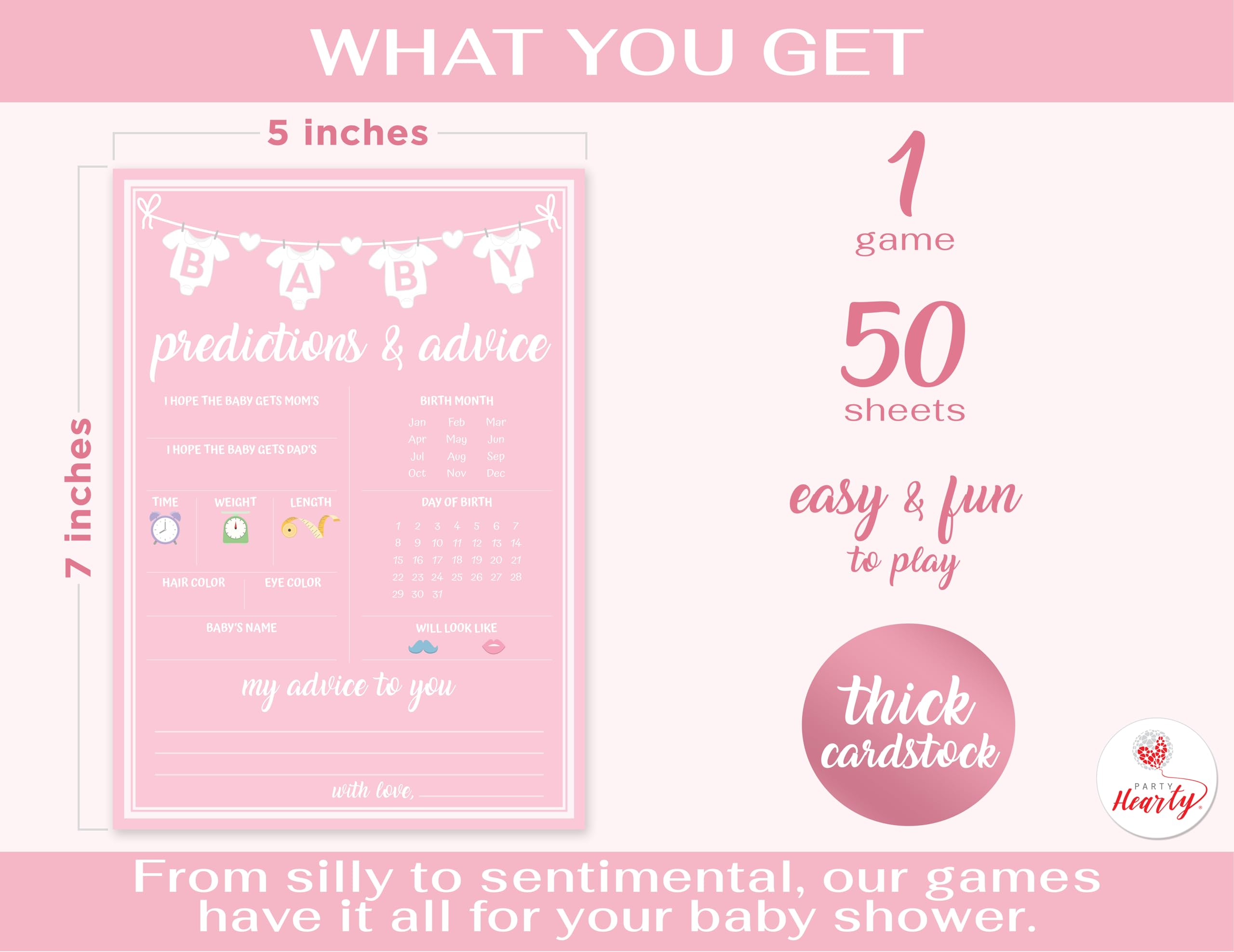 Party Hearty 50-Piece Pink Baby Shower Prediction & Advice Game Cards – Fun Activity for Girls