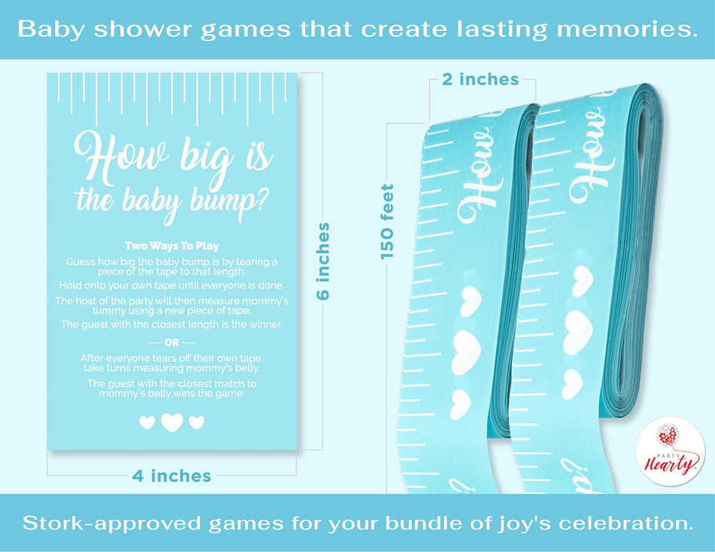 Party Hearty Blue Tummy Measure Tape Baby Shower Game - 2 Rolls, 2x150 ft - Fun Activity for Guests