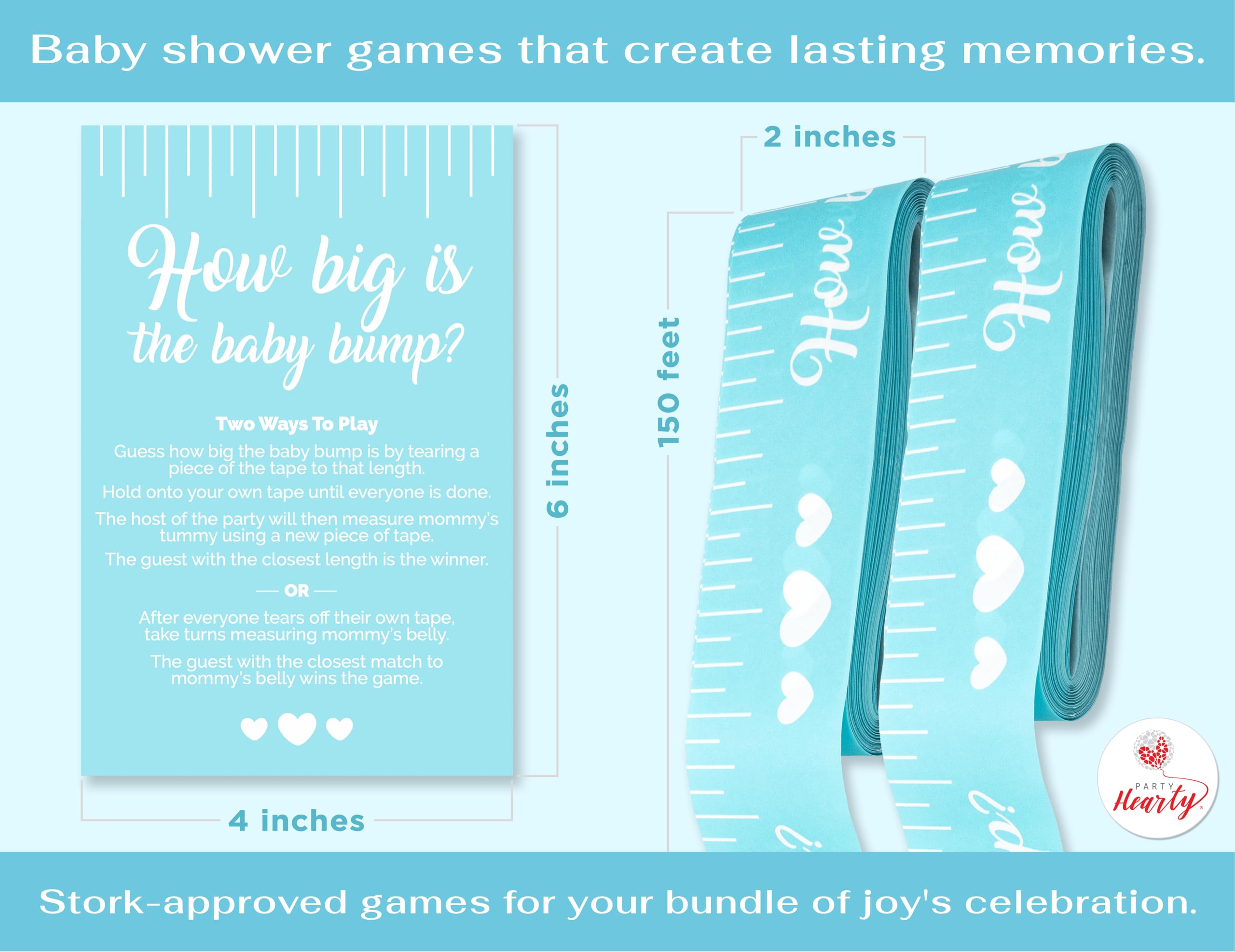 Party Hearty Blue Tummy Measure Tape Baby Shower Game - 2 Rolls, 2x150 ft - Fun Activity for Guests