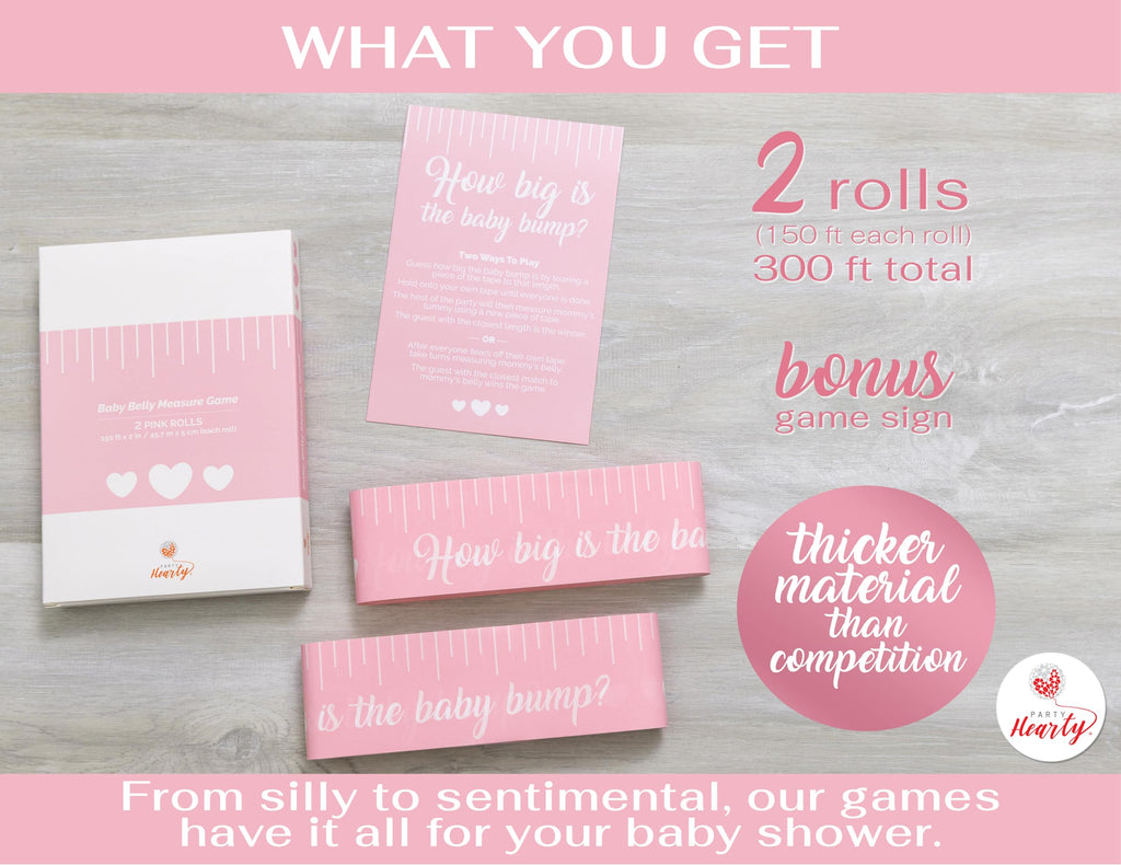 Party Hearty Pink Baby Shower Tummy Measure Game – 2 Rolls, 150 Feet Each, Fun Icebreaker Activity
