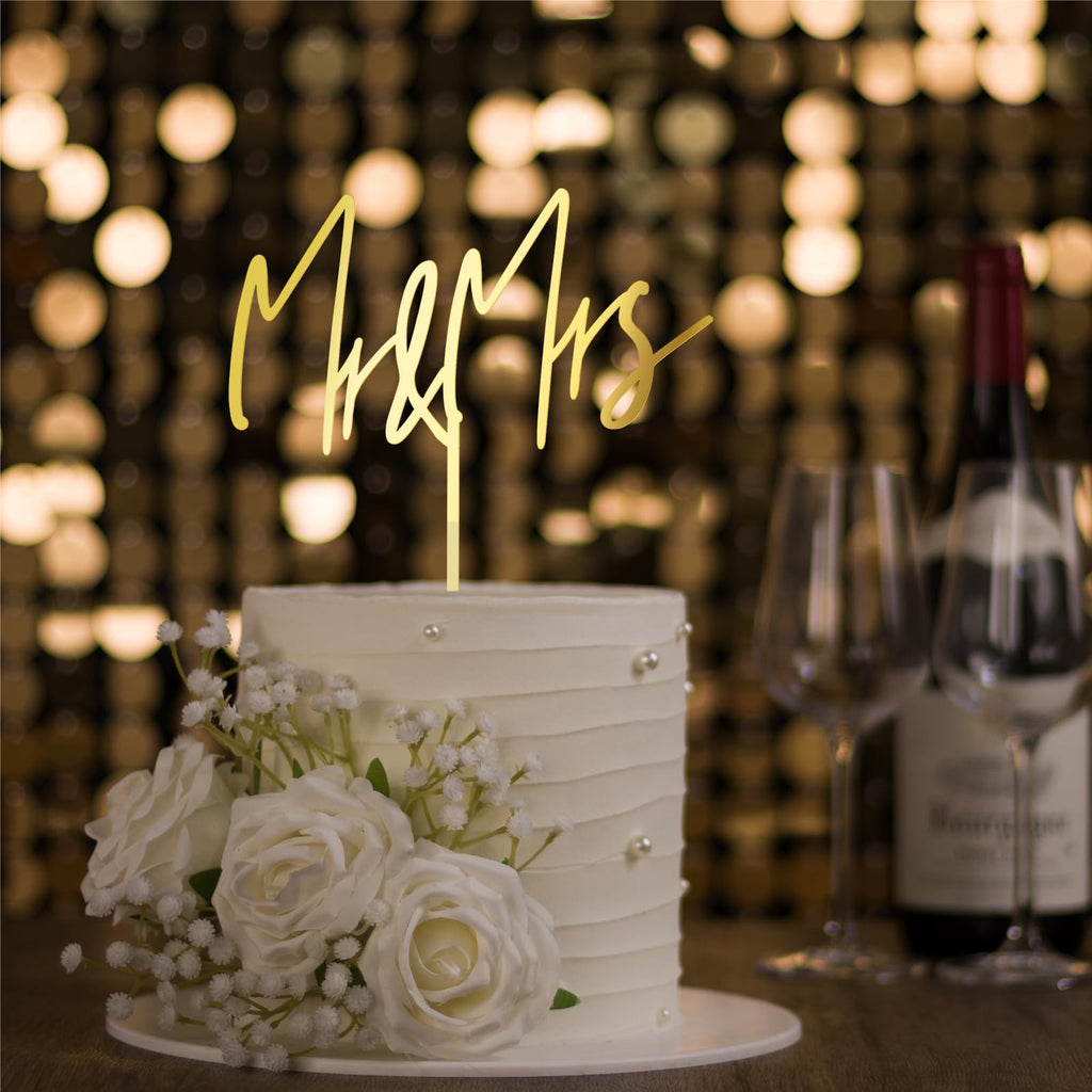 Party to Be Mr & Mrs Wedding Cake Topper – Golden Acrylic (Design 04)