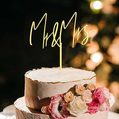 Party to Be Mr & Mrs Wedding Cake Topper – Golden Acrylic (Design 04)
