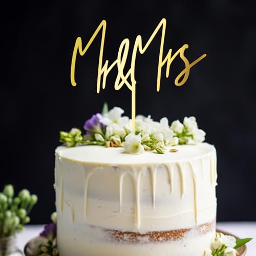 Party to Be Mr & Mrs Wedding Cake Topper – Golden Acrylic (Design 04)