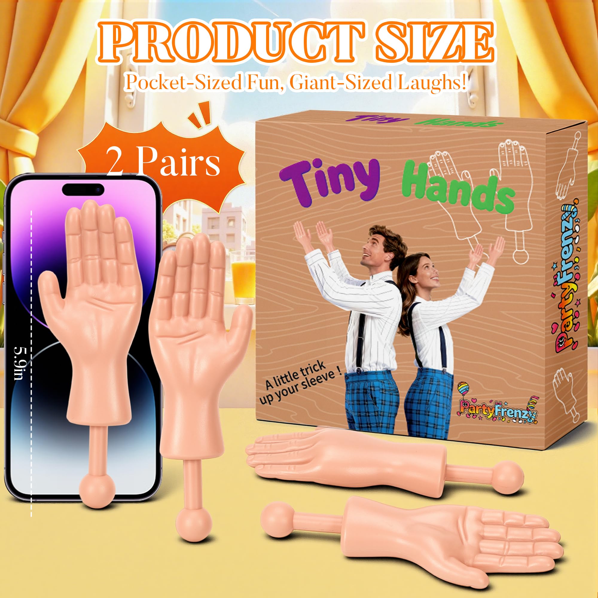 PartyFrenzy Tiny Hands Mini Hand Puppets on Sticks – 2 Pairs Light Color for Pranks and Costumes