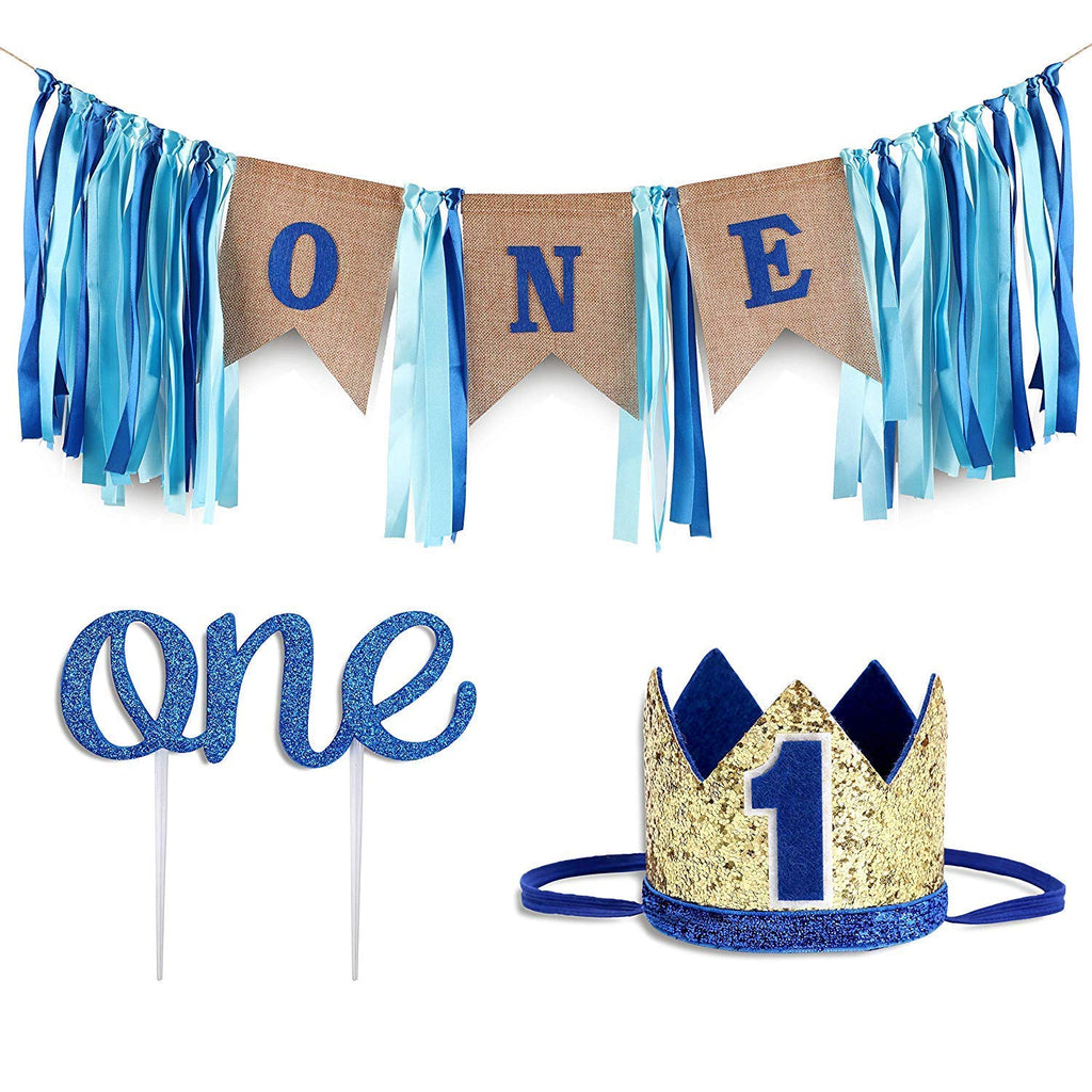 PartyHooman Baby 1st Birthday Boy Decorations Set – Burlap Banner, Crown & Cake Topper in Blue and Gold