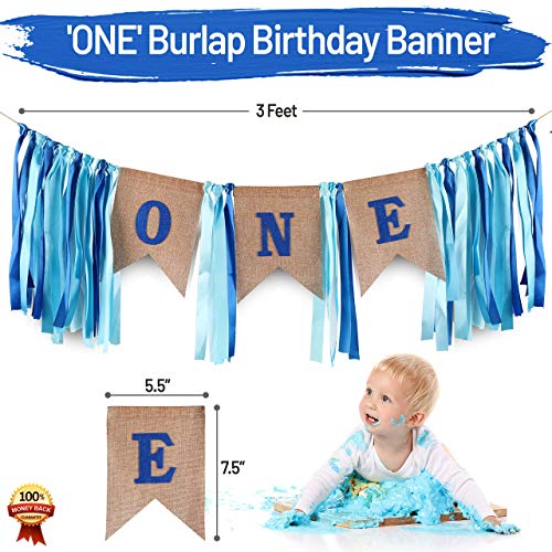 PartyHooman Baby 1st Birthday Boy Decorations Set – Burlap Banner, Crown & Cake Topper in Blue and Gold