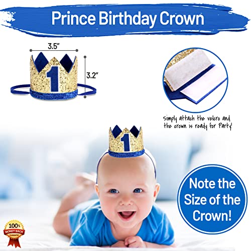 PartyHooman Baby 1st Birthday Boy Decorations Set – Burlap Banner, Crown & Cake Topper in Blue and Gold