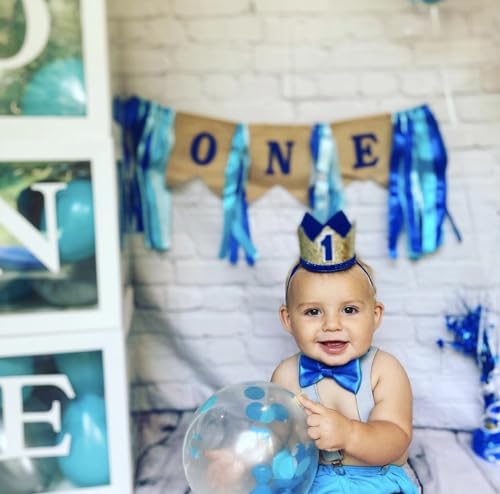 PartyHooman Baby 1st Birthday Boy Decorations Set – Burlap Banner, Crown & Cake Topper in Blue and Gold