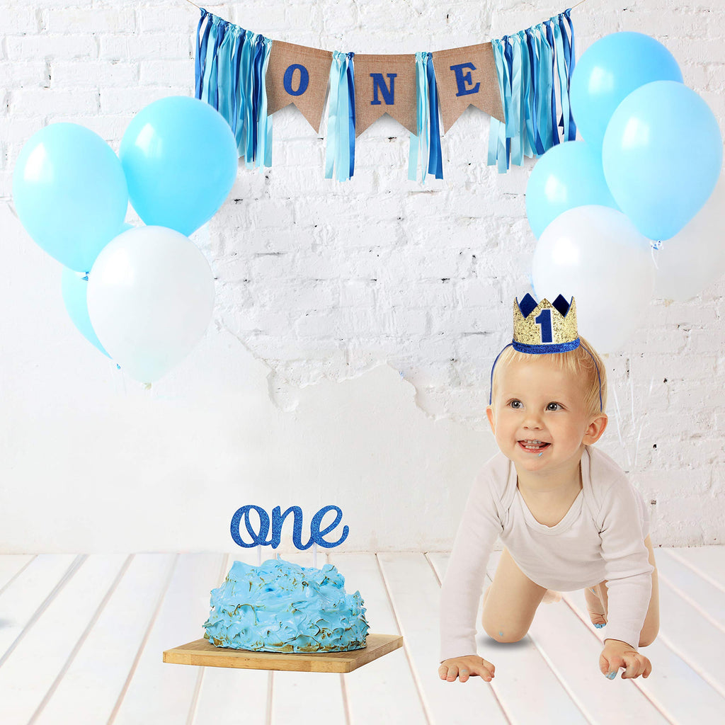 PartyHooman Baby 1st Birthday Boy Decorations Set – Burlap Banner, Crown & Cake Topper in Blue and Gold