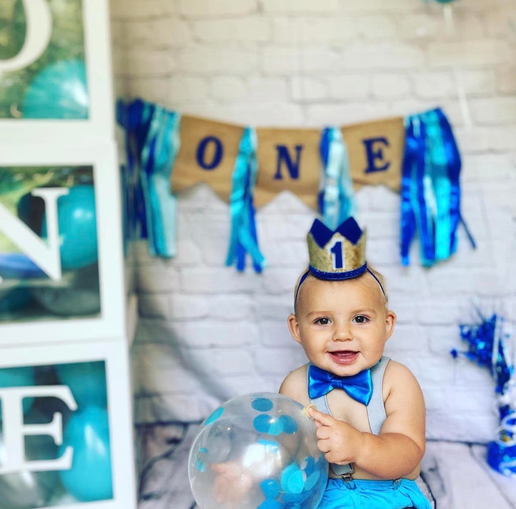 PartyHooman Baby 1st Birthday Boy Decorations Set – Burlap Banner, Crown & Cake Topper in Blue and Gold