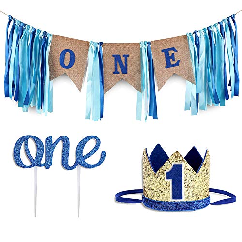 PartyHooman Baby 1st Birthday Boy Decorations Set – Burlap Banner, Crown & Cake Topper in Blue and Gold