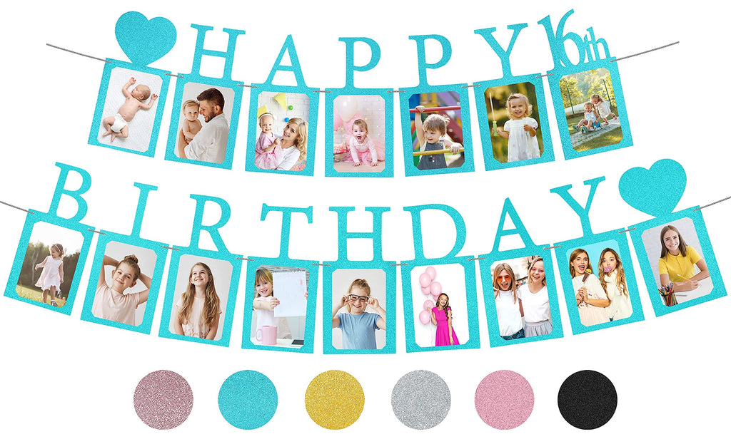 PartyHooman Sweet 16 Photo Banner – Blue, Pre-Strung with 16 Cardstock Frames for 4x6 Photos