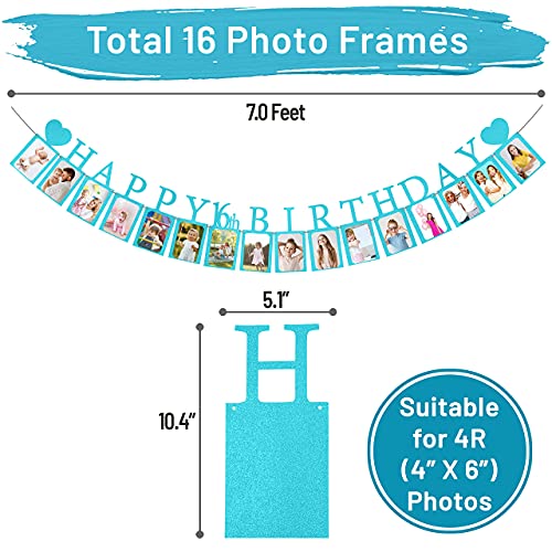 PartyHooman Sweet 16 Photo Banner – Blue, Pre-Strung with 16 Cardstock Frames for 4x6 Photos