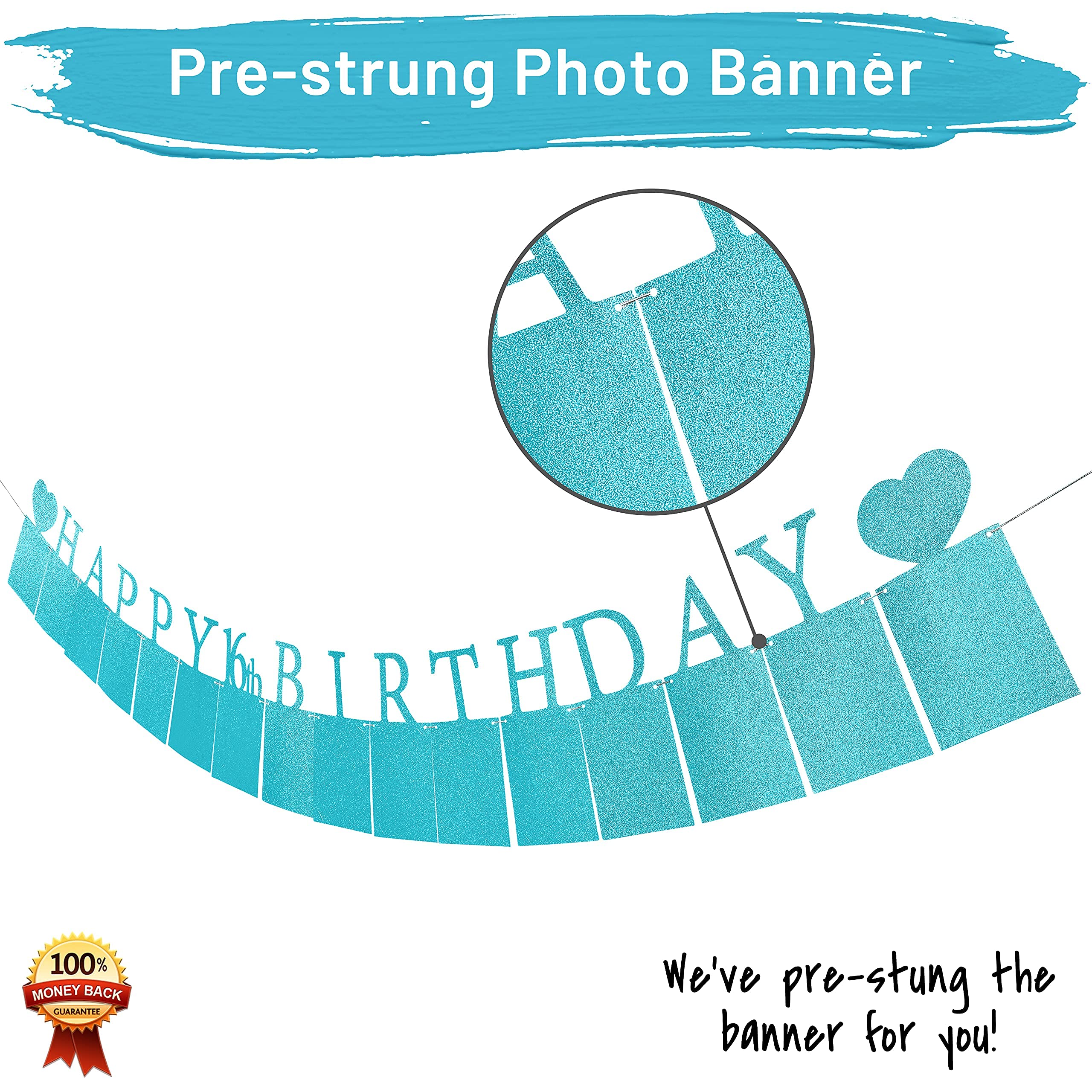 PartyHooman Sweet 16 Photo Banner – Blue, Pre-Strung with 16 Cardstock Frames for 4x6 Photos