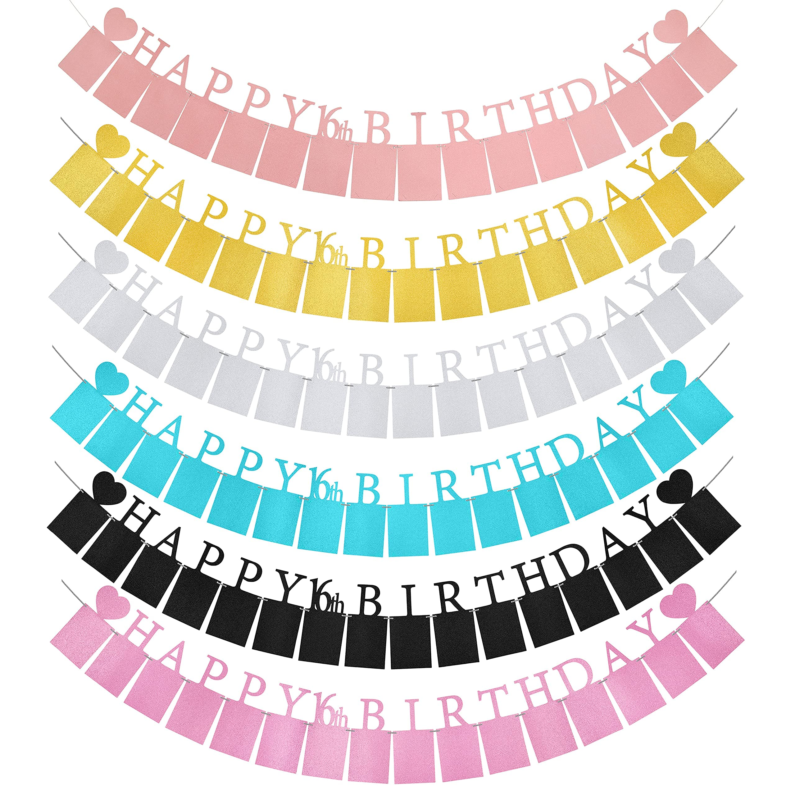 PartyHooman Sweet 16 Photo Banner – Blue, Pre-Strung with 16 Cardstock Frames for 4x6 Photos