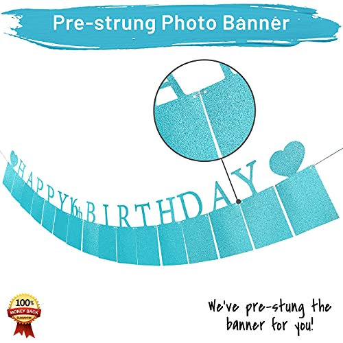 PartyHooman Sweet 16 Photo Banner – Blue, Pre-Strung with 16 Cardstock Frames for 4x6 Photos