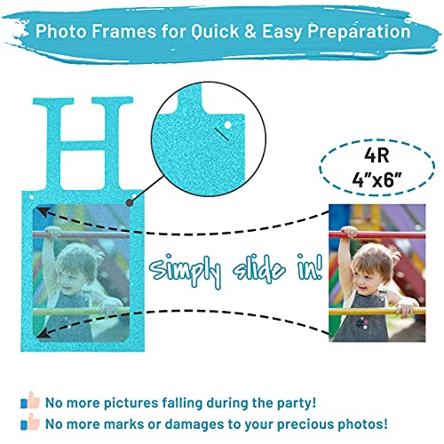 PartyHooman Sweet 16 Photo Banner – Blue, Pre-Strung with 16 Cardstock Frames for 4x6 Photos