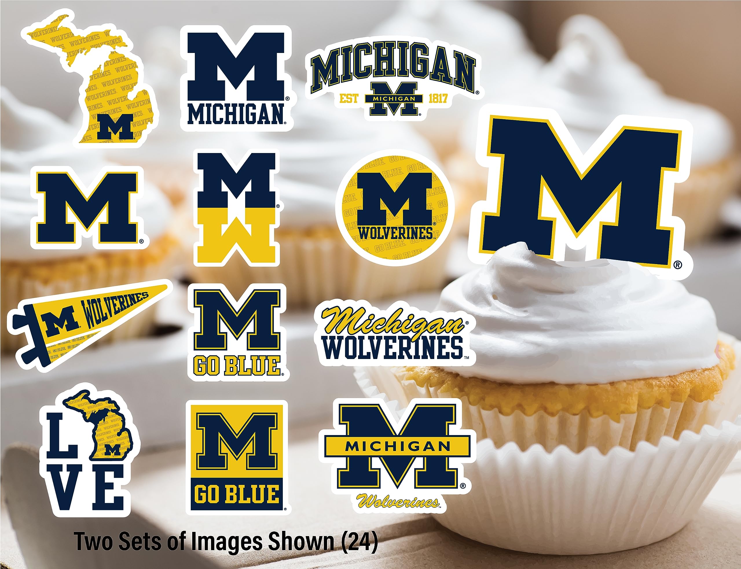 PartyKandy 24-Pack Michigan Wolverines Cupcake Toppers – Preassembled 3-4 Inch Picks for Game Day, Graduation & Birthday Parties