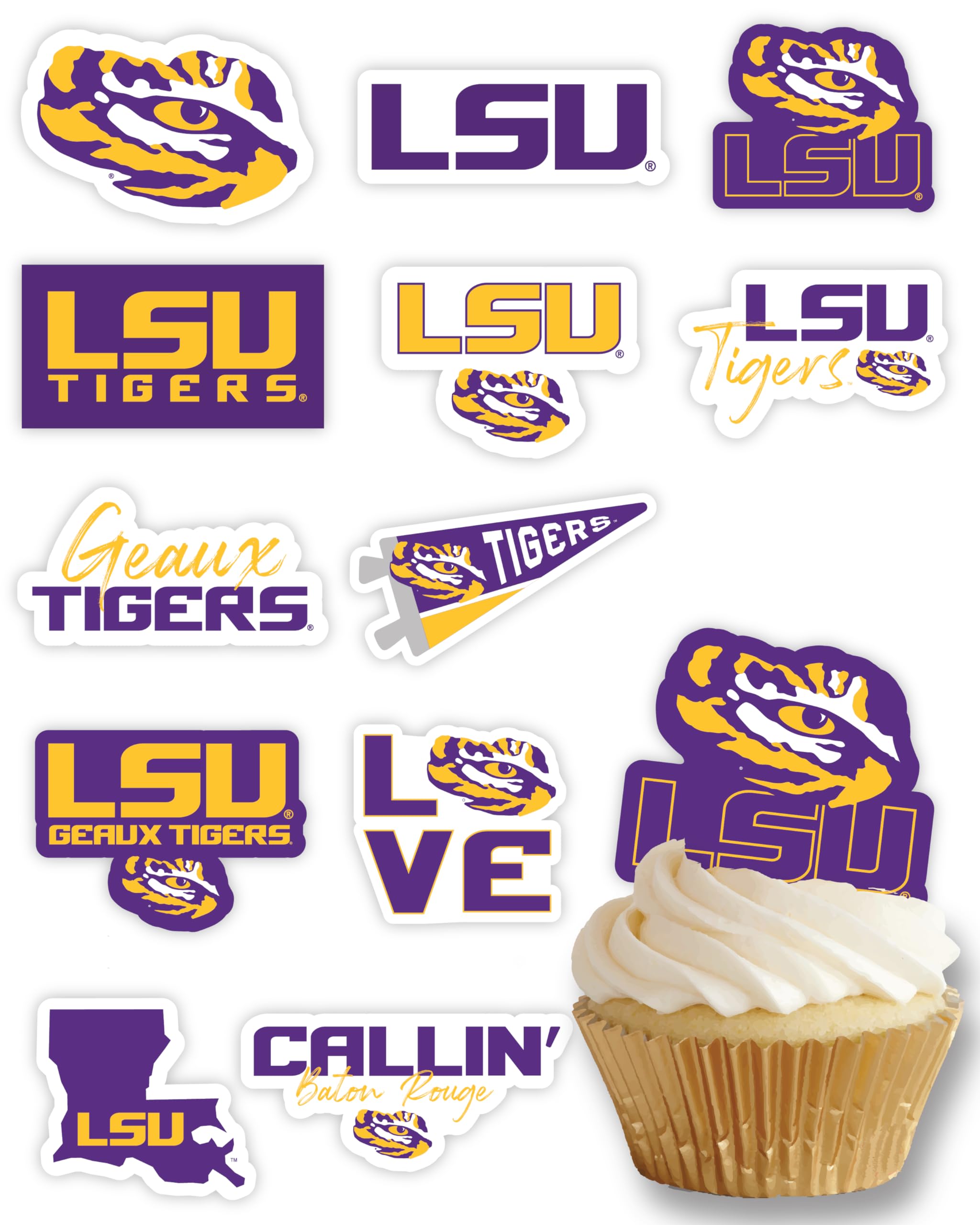 PartyKandy LSU Tigers Cupcake Toppers – 24 Preassembled Recyclable Paper Picks for Game Day, Graduation & Birthday Parties