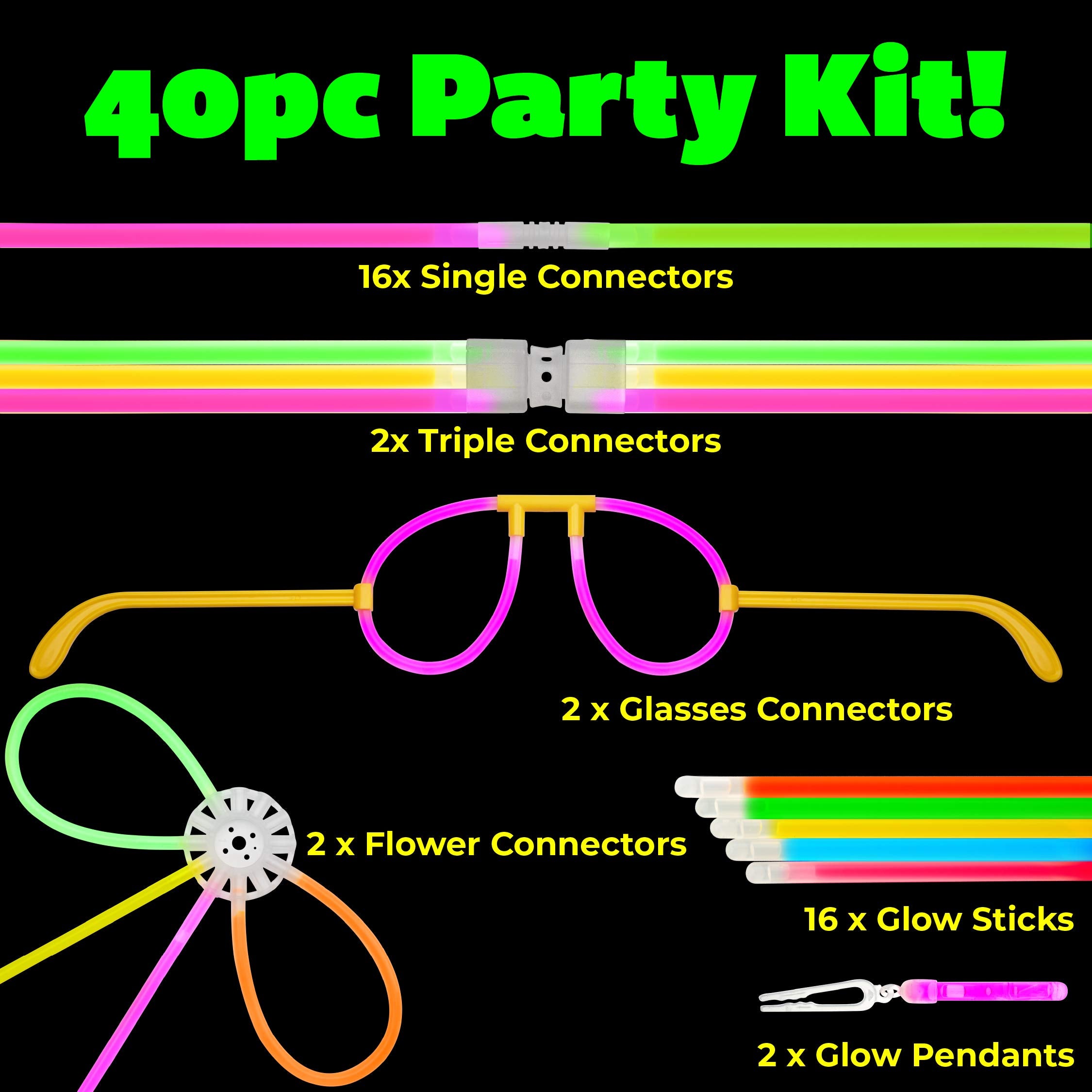 PartySticks Ultra Bright Glow Sticks Bulk Pack with Eye Glasses, Bracelets, and Connectors for Party Favors