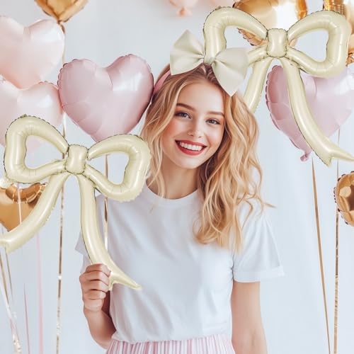 PartyXpress 4-Pack Cream White Bow Foil Balloons – Large Mylar Bows for Coquette Baby Shower, Bridal, Birthday Decor