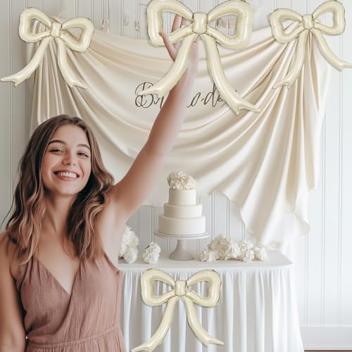 PartyXpress 4-Pack Cream White Bow Foil Balloons – Large Mylar Bows for Coquette Baby Shower, Bridal, Birthday Decor