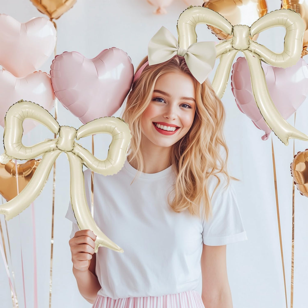 PartyXpress 4-Pack Cream White Bow Foil Balloons – Large Mylar Bows for Coquette Baby Shower, Bridal, Birthday Decor