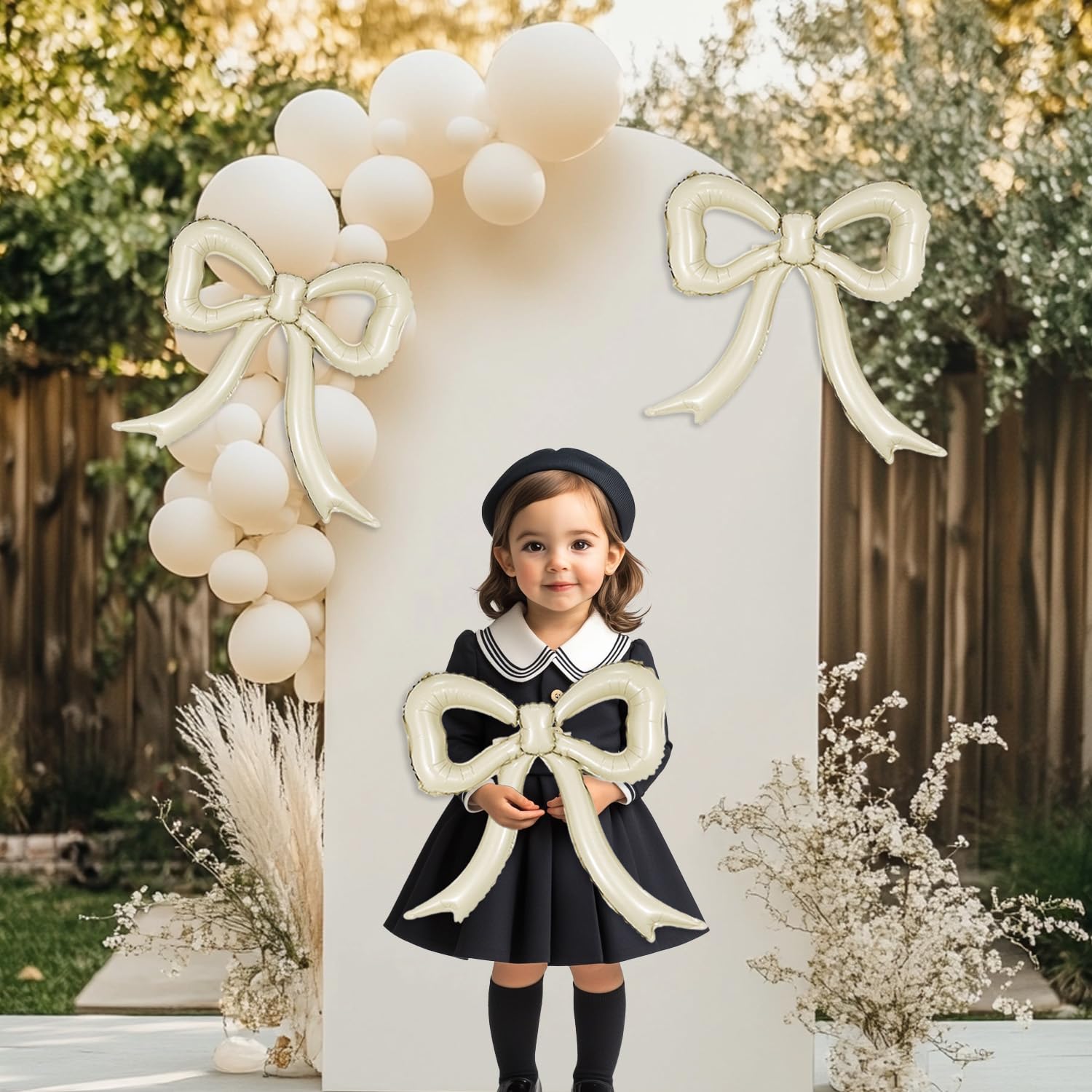 PartyXpress 4-Pack Cream White Bow Foil Balloons – Large Mylar Bows for Coquette Baby Shower, Bridal, Birthday Decor