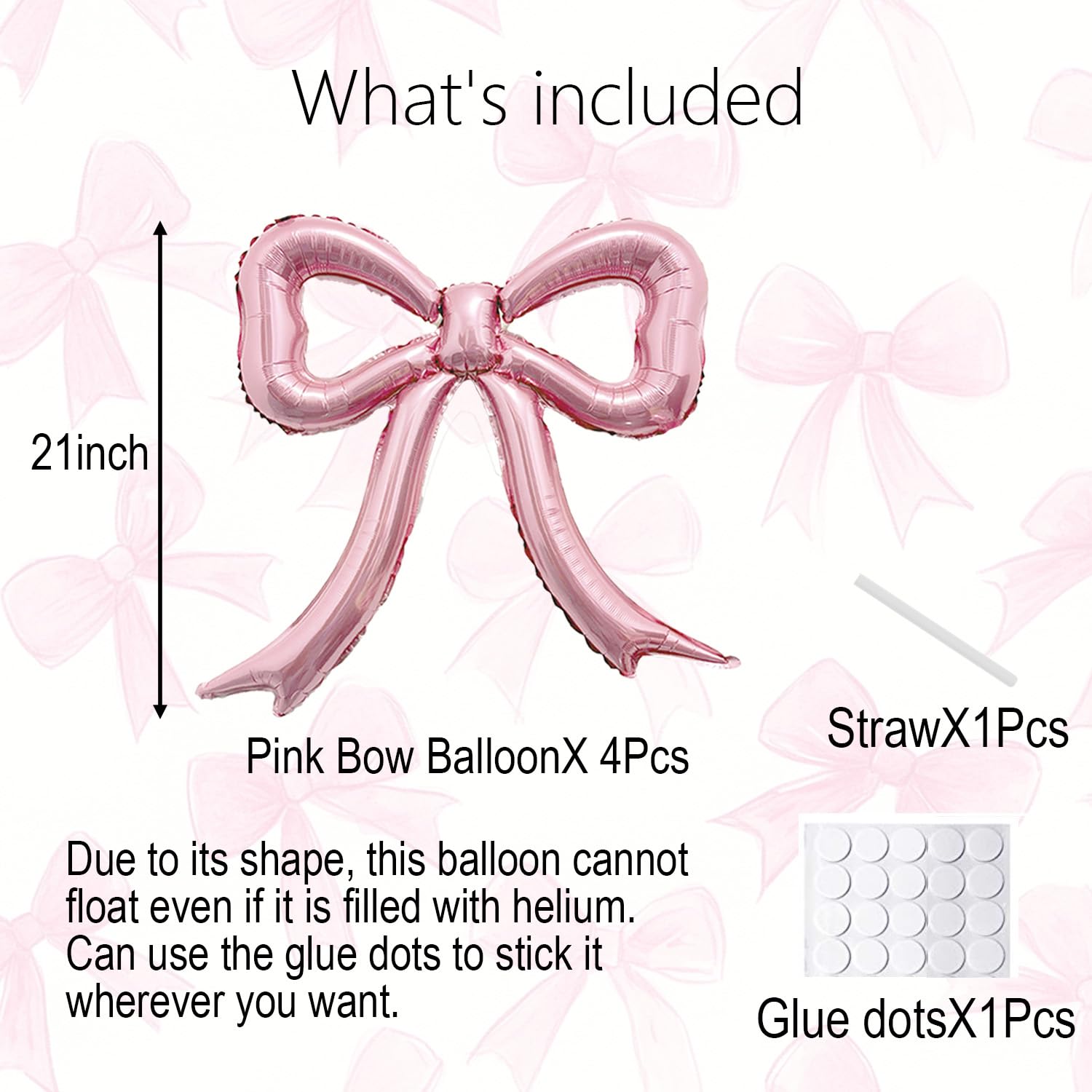 PartyXpress 4-Piece Pink Bow Foil Balloons Set – Mylar Balloons for Baby Showers, Bachelorette & Coquette Parties