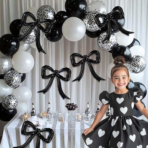 PartyXpress Black Bow Foil Balloons (4-Pack) for Coquette Parties, Bridal Showers & Bachelorette