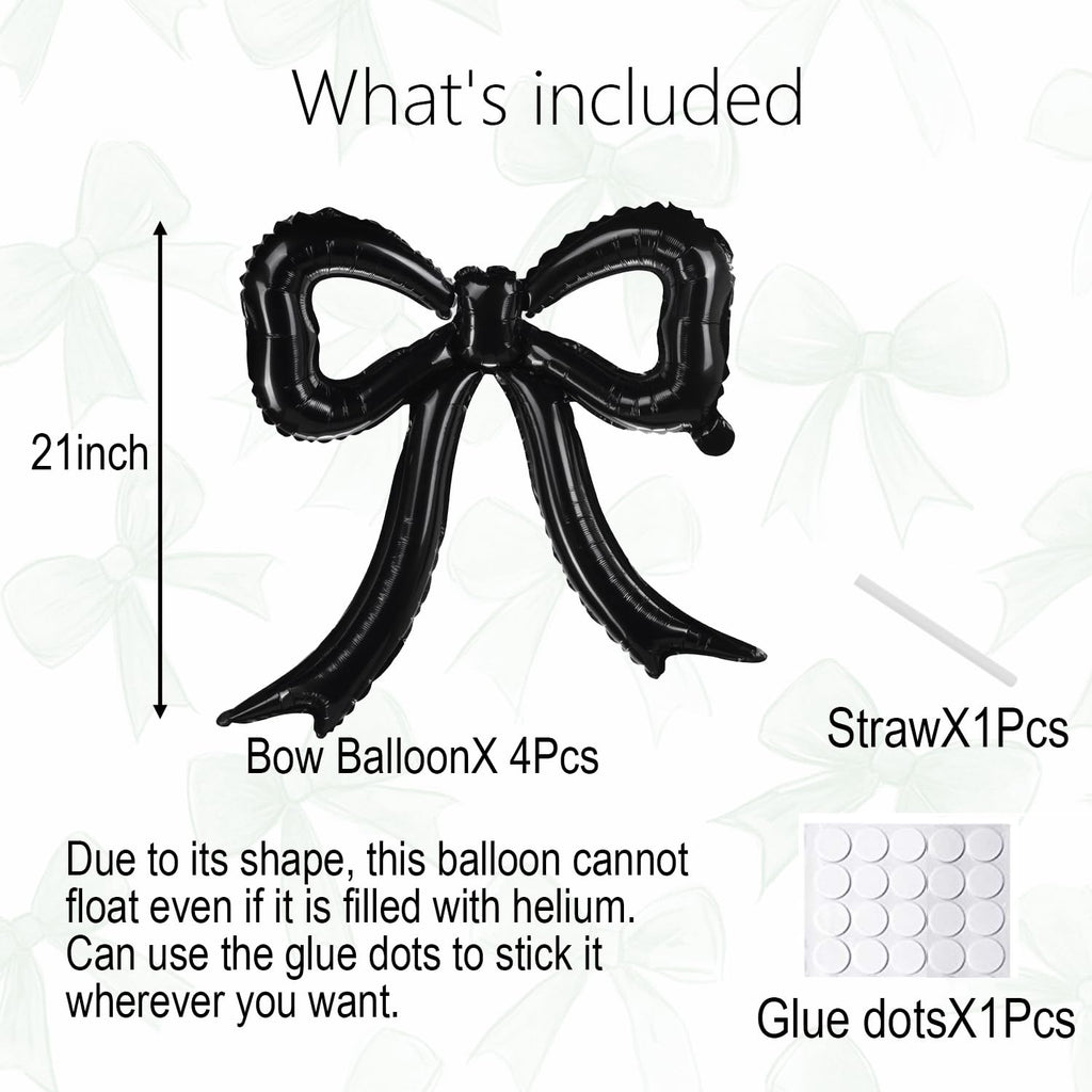 PartyXpress Black Bow Foil Balloons (4-Pack) for Coquette Parties, Bridal Showers & Bachelorette