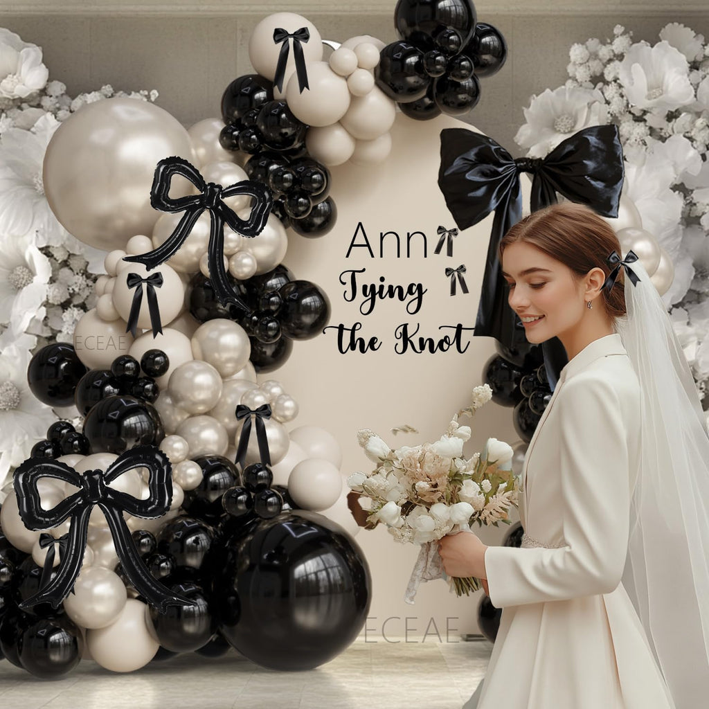 PartyXpress Black Bow Foil Balloons (4-Pack) for Coquette Parties, Bridal Showers & Bachelorette