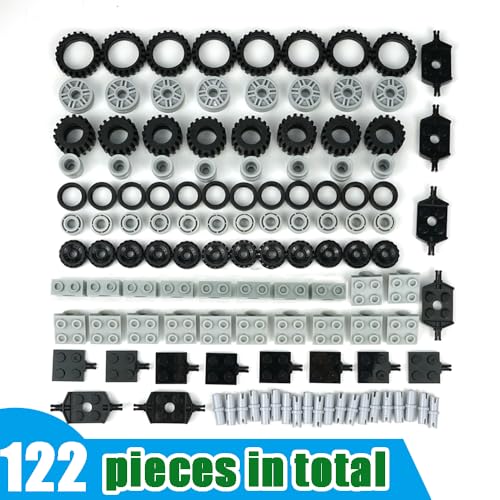 Pasacho Wheels and Axles Set – 122 Pieces Compatible Building Blocks Car Parts Chassis Tires