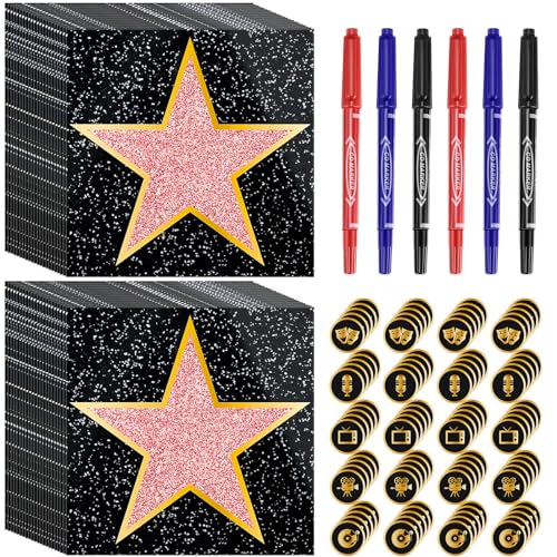 Pasimy 25 Movie Star Stickers + Round Stickers with Markers for Red Carpet Party